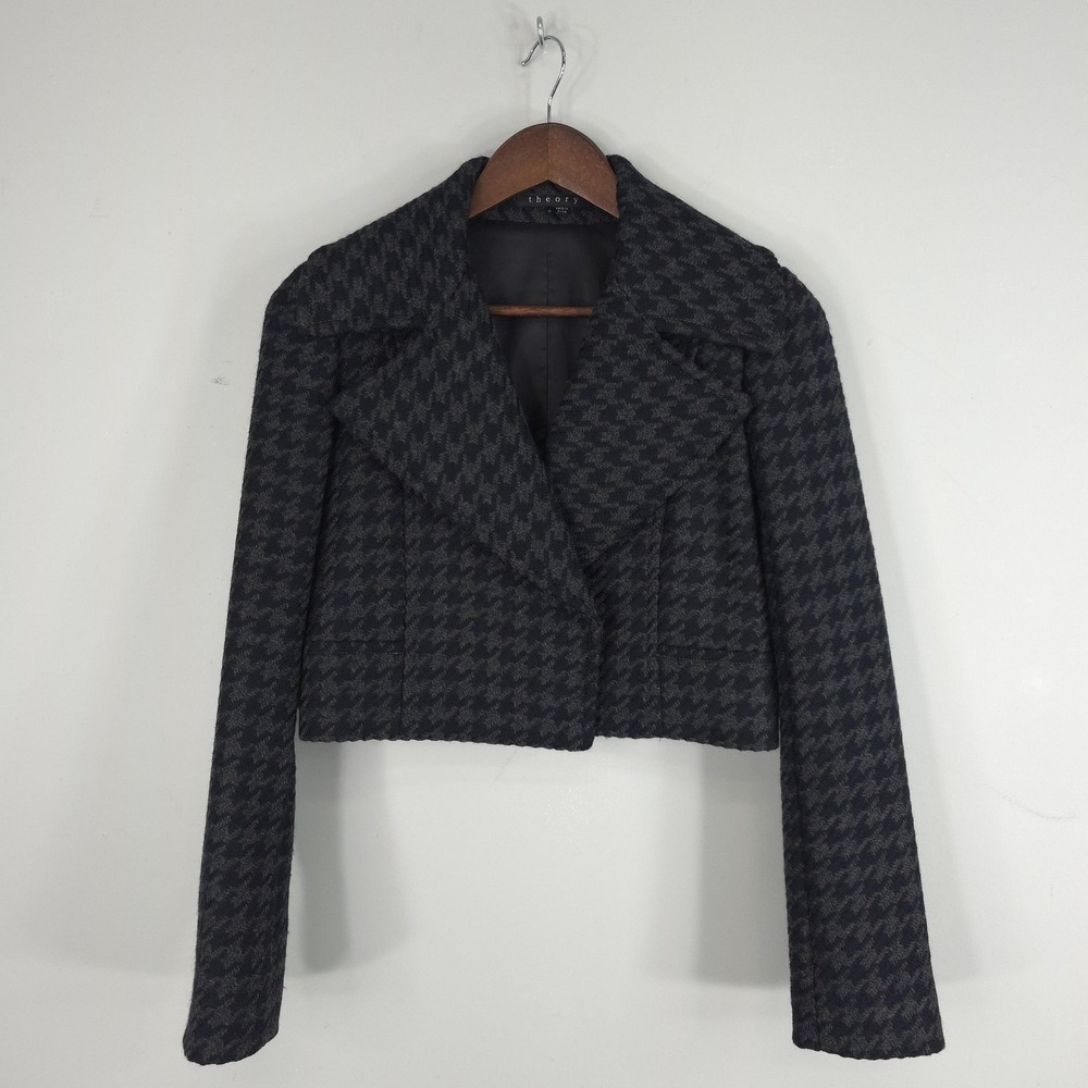 Theory Jacket Womens P Gray Houndstooth Virgin Wool Cropped Lined Petite